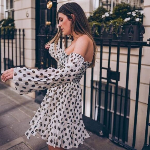 Rococo Sand Off-Shoulder Polka Dot Mini Dress - Picture 1 of 9